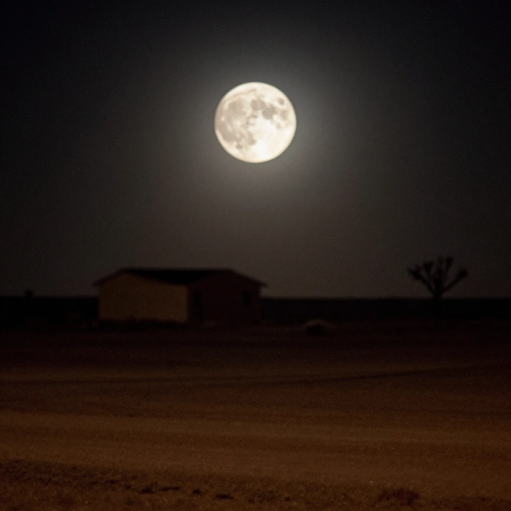 Blurry Texas desert at night with a giant glowing moon. Grit...