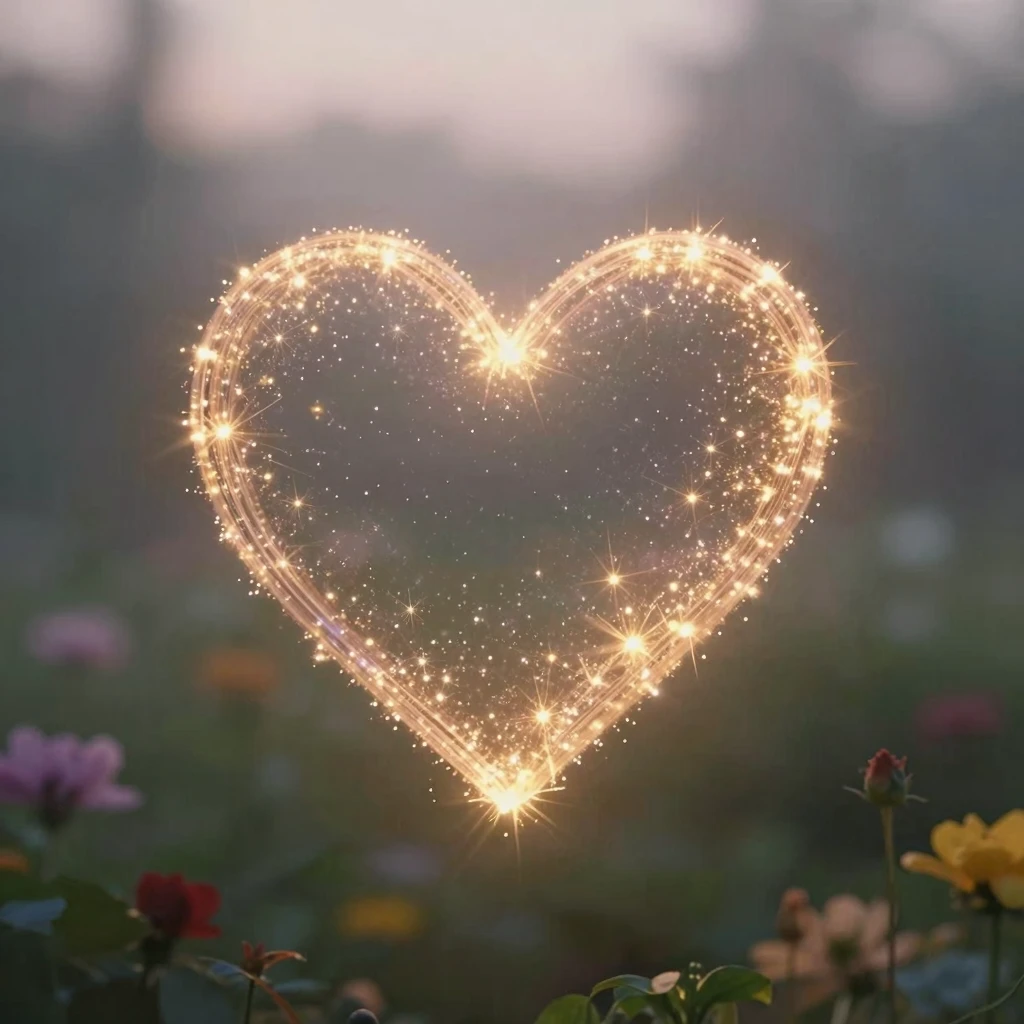 A glowing heart made of stardust floating in a soft, misty g...
