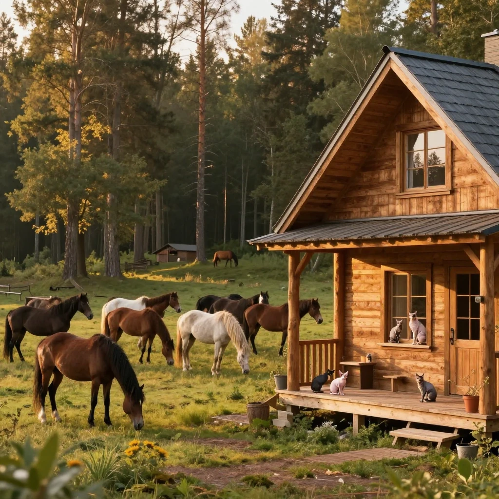 A wide shot of a beautiful ranch in the Tver forest with a h...