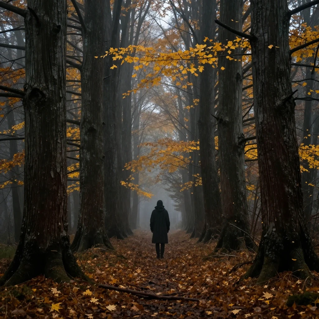 Hunter silhouette in distance in dark autumn forest, old ced...