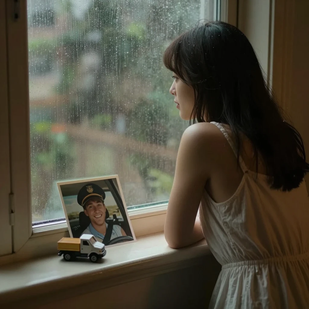 A nostalgic scene of a young woman in a simple dress looking...