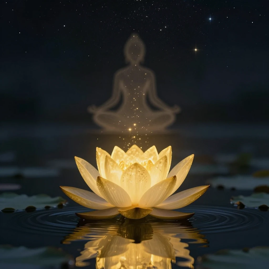 A golden lotus flower blooming in the center of a calm dark ...
