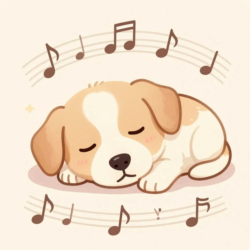 A cute puppy sleeping soundly, surrounded by soft instrument...