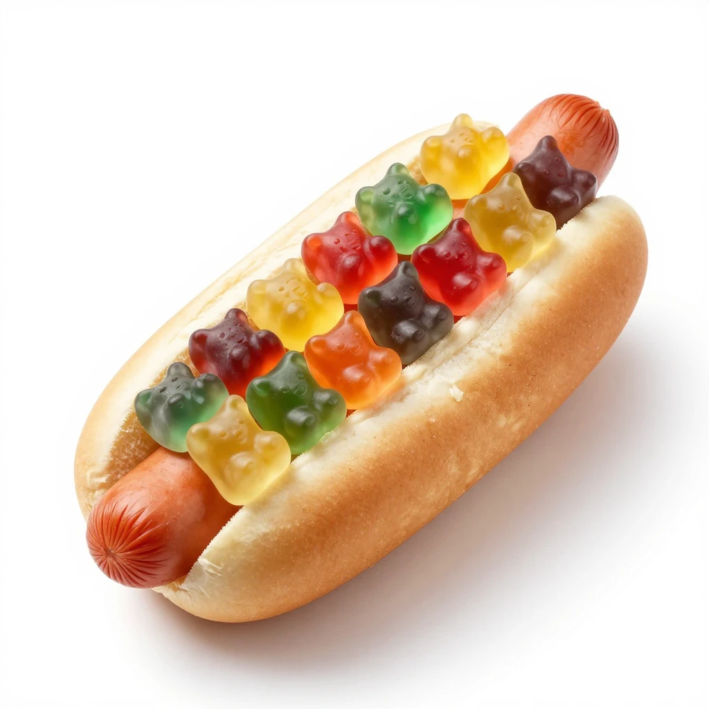 A hot dog in a bun topped with colorful gummy bears, isolate...