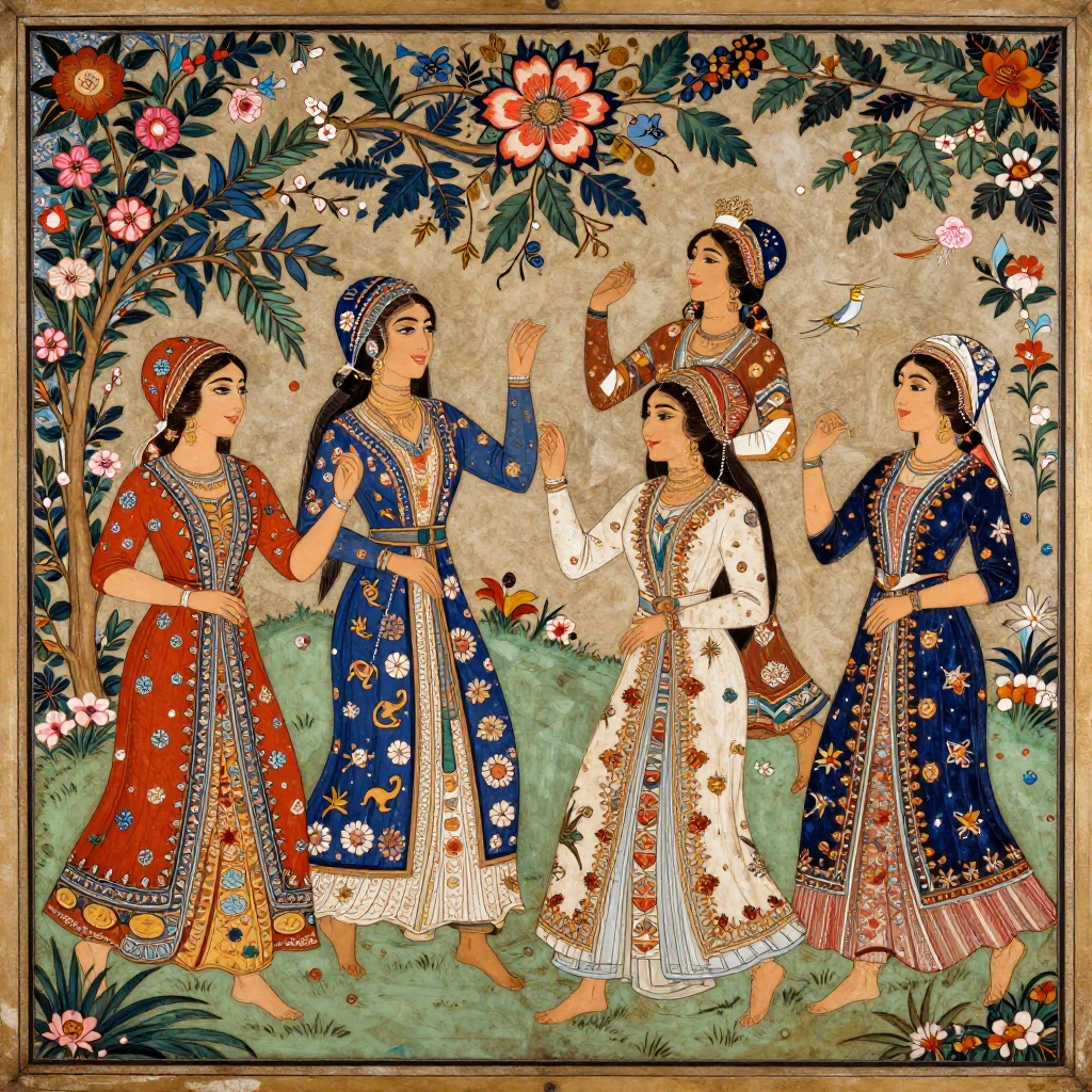 A vibrant depiction of ancient Persian women celebrating. Th...