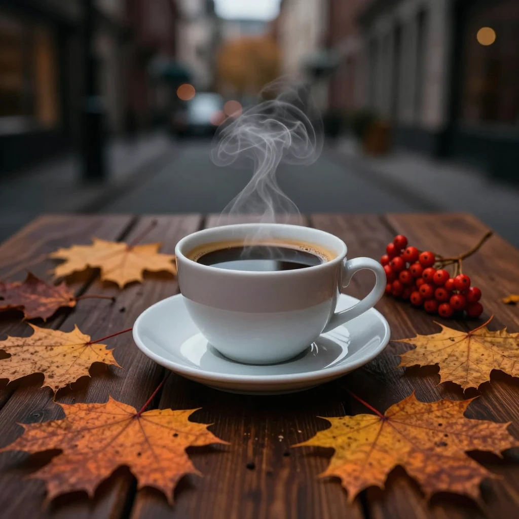 A cinematic shot of a steaming cup of coffee on a wooden tab...