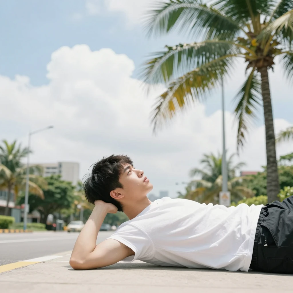 Top view of a young man lying on the ground, pensive express...