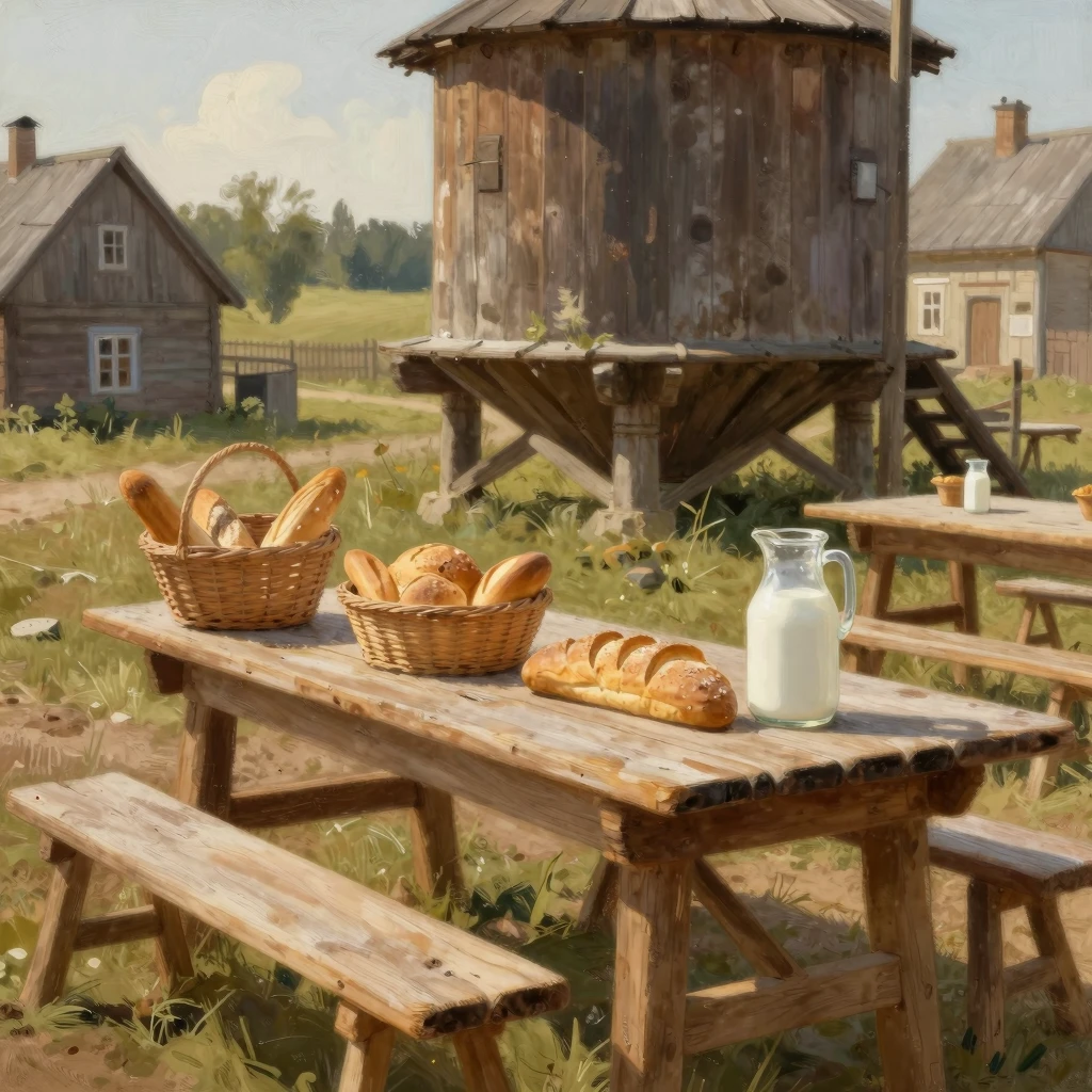 A 19th-century Russian town scene with large wooden tables s...