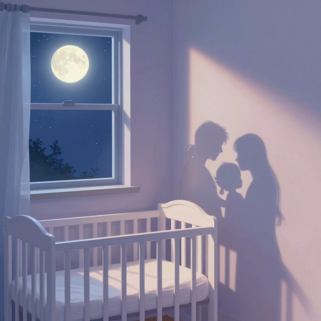 Artistic illustration of a peaceful nursery room at night, w...