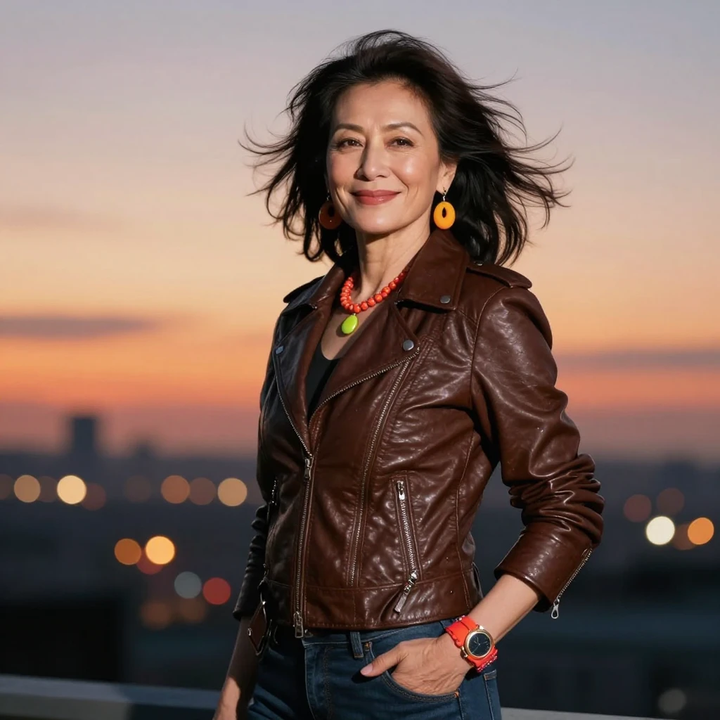 A stylish woman over 40 with a confident smile, wearing a le...