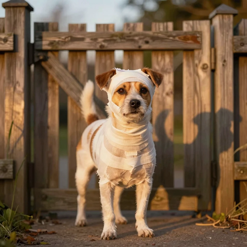 A small dog with bandages on its head and body, standing bra...