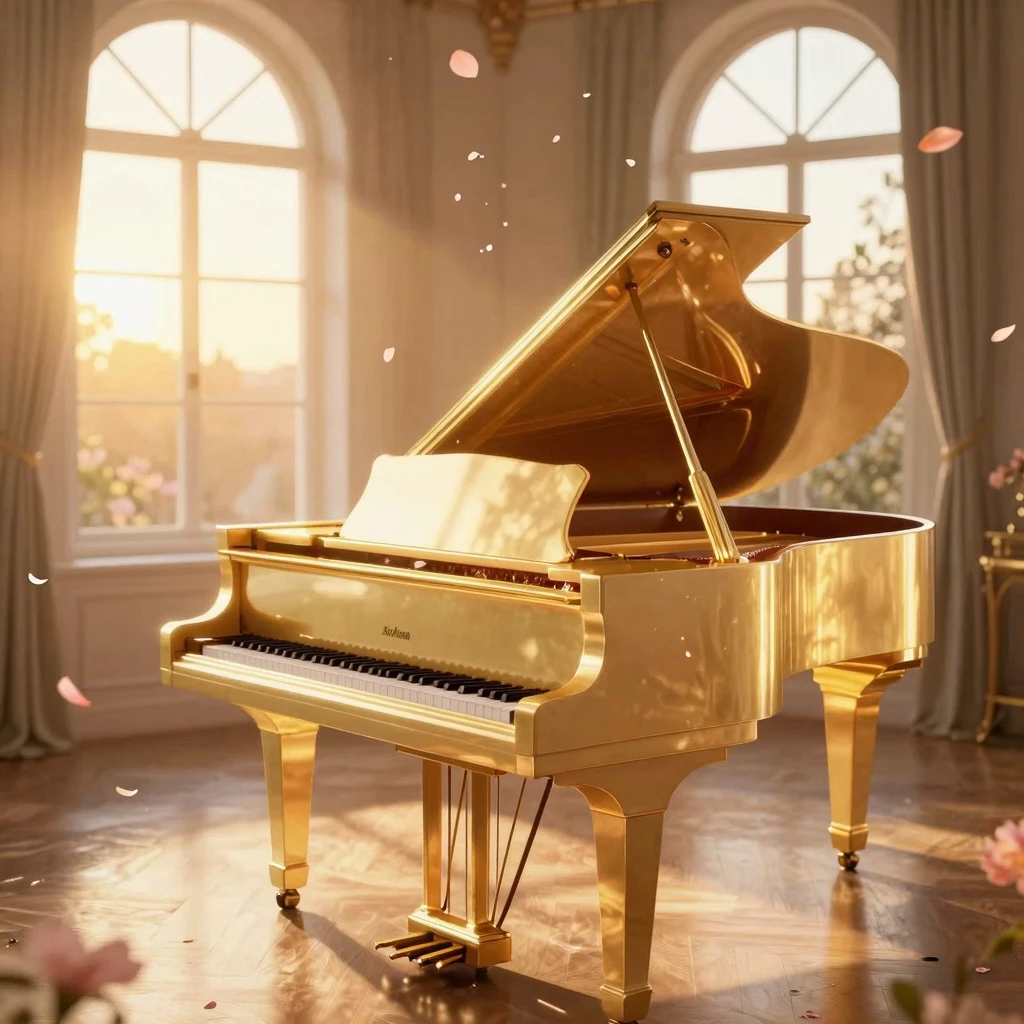 A glowing grand piano in a sunlit room with warm golden suns...