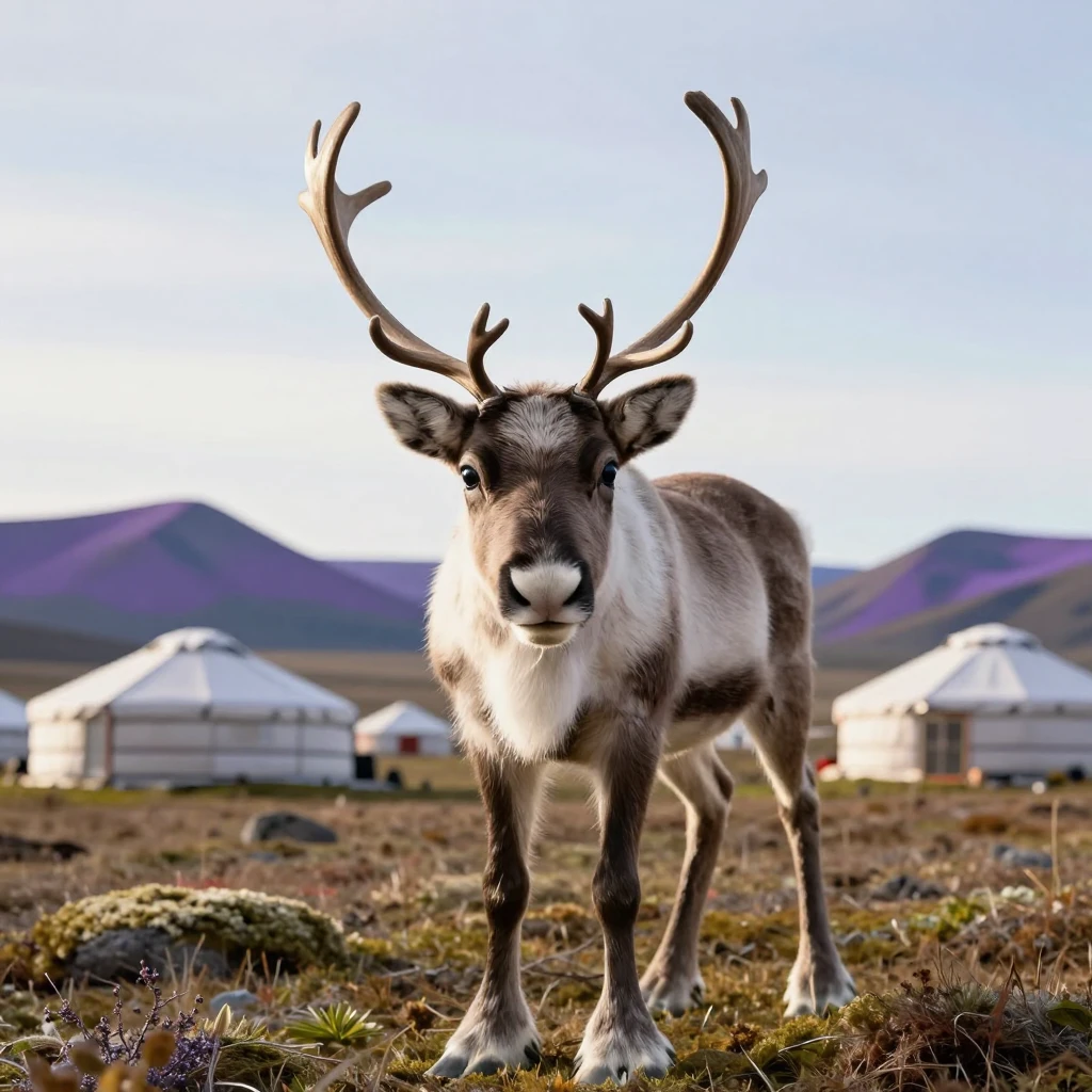 A small cute reindeer calf with big dark eyes and velvety bu...