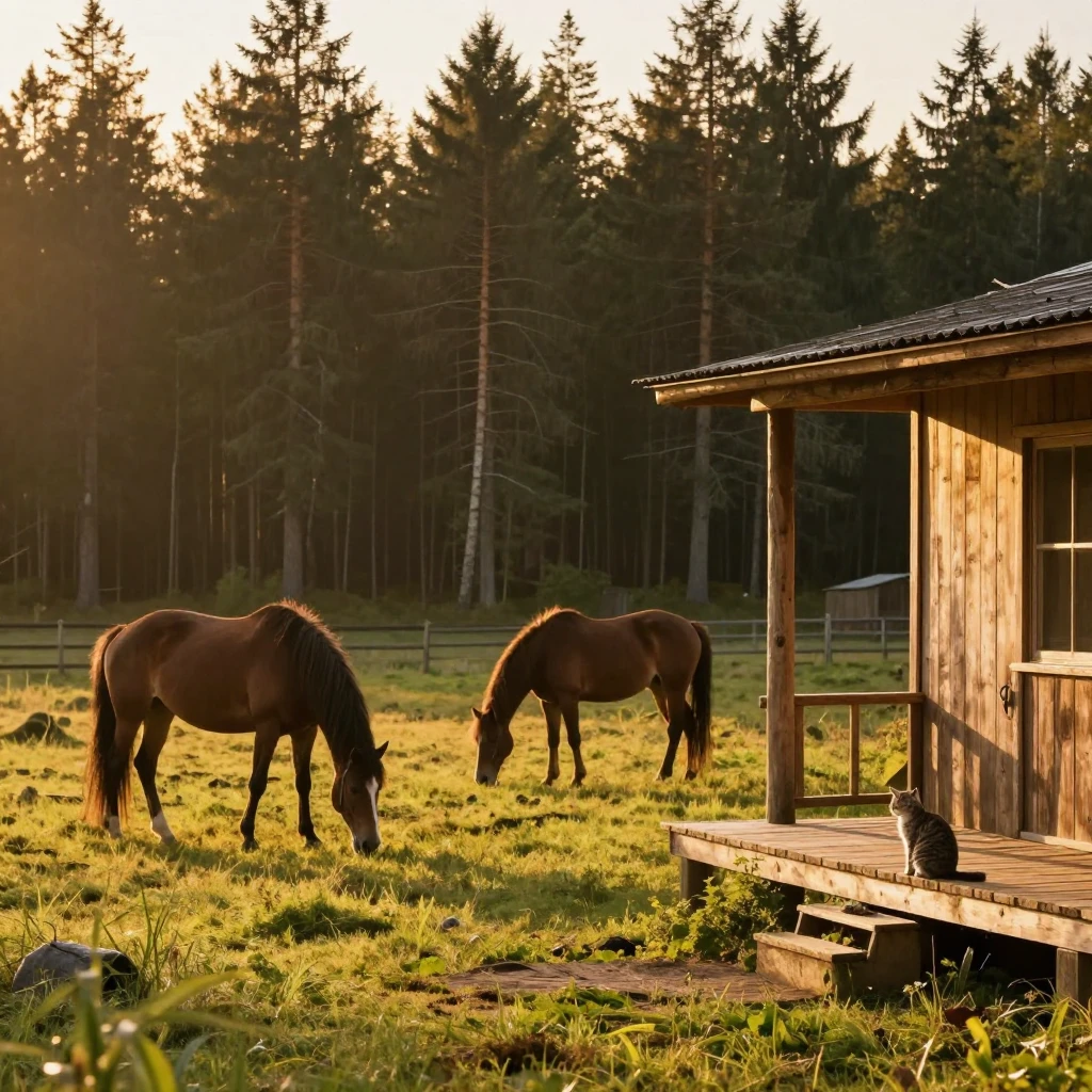 A wide shot of a ranch in the Tver forest during golden hour...