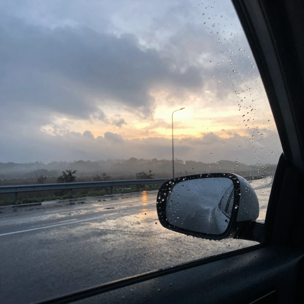 Artistic style, cinematic shot from inside a car, looking th...
