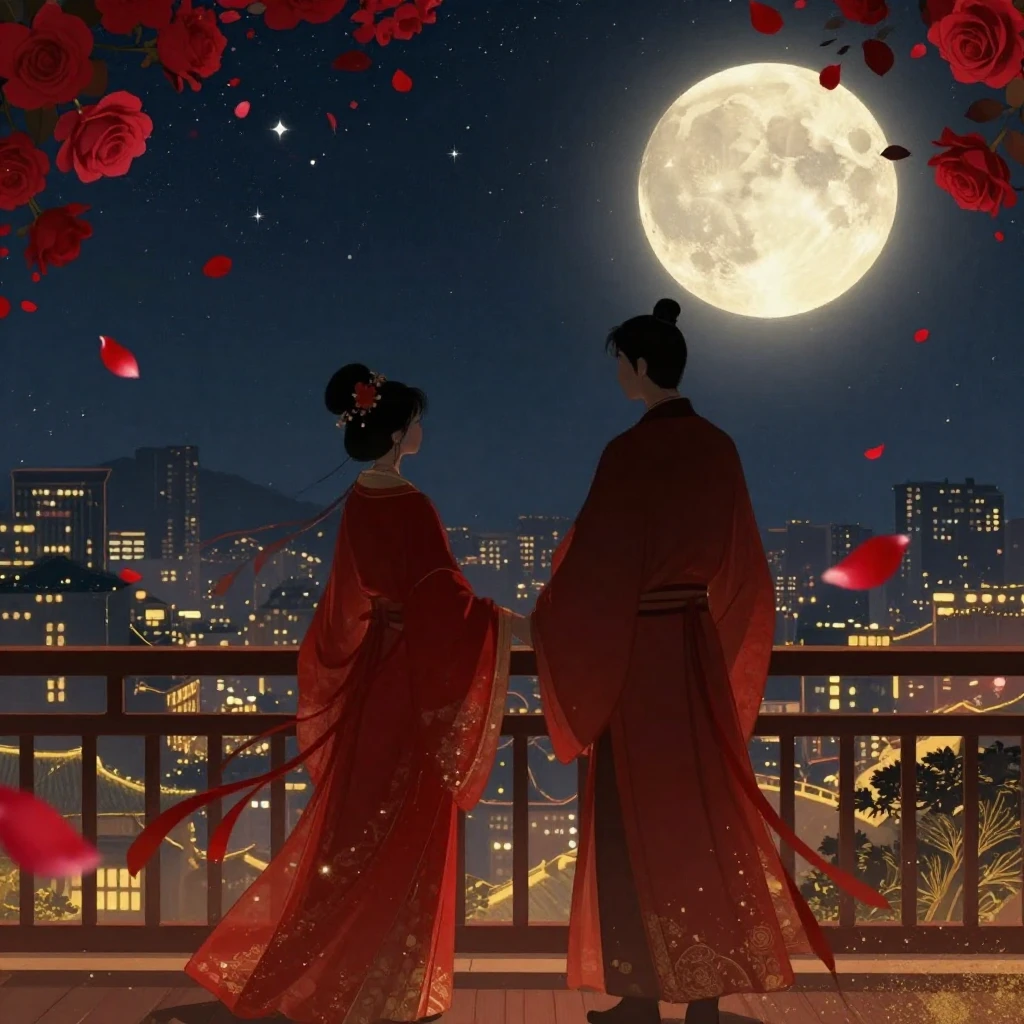 A romantic scene with an oriental touch. Two silhouettes of ...