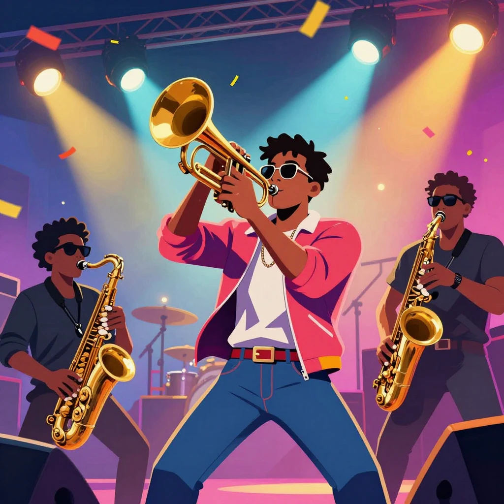 Artistic illustration of a funky pop concert, brass section ...