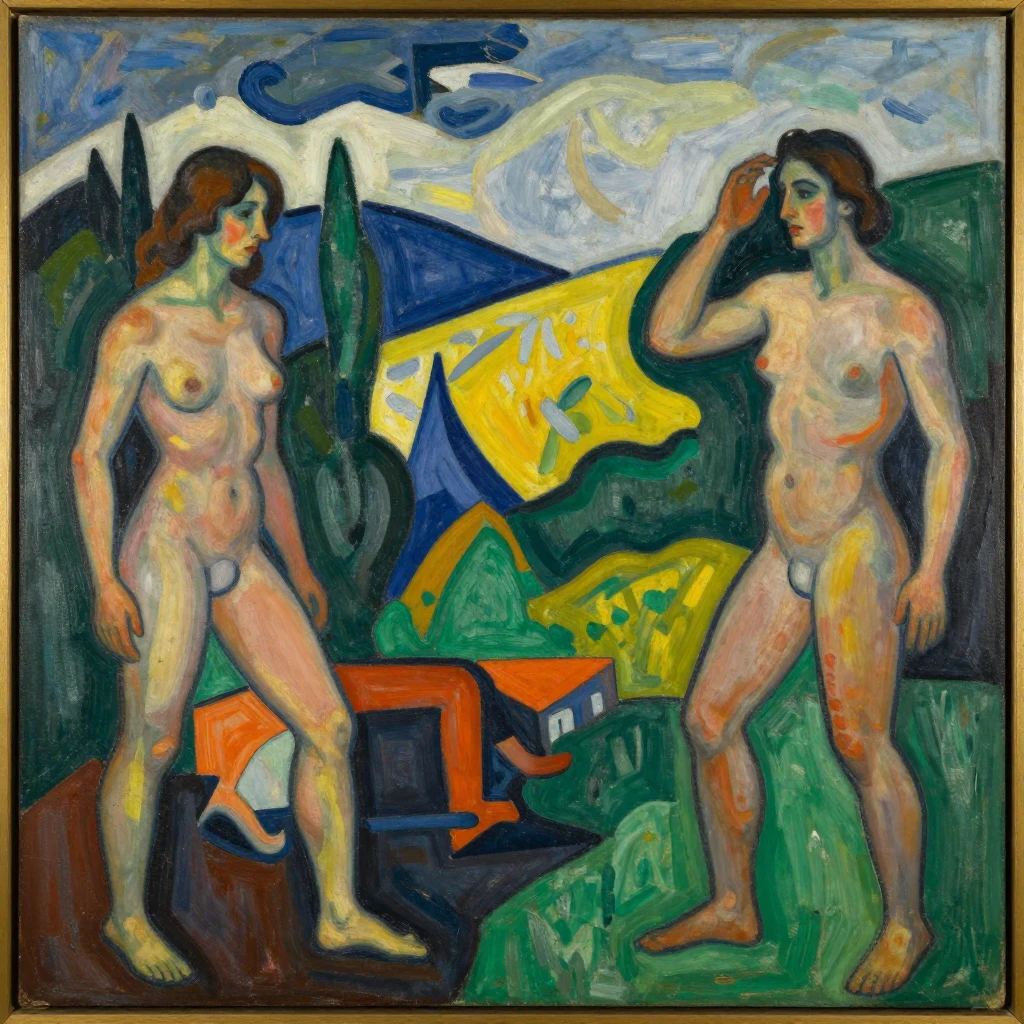 A landscape with distorted figures and vibrant, non-naturali...