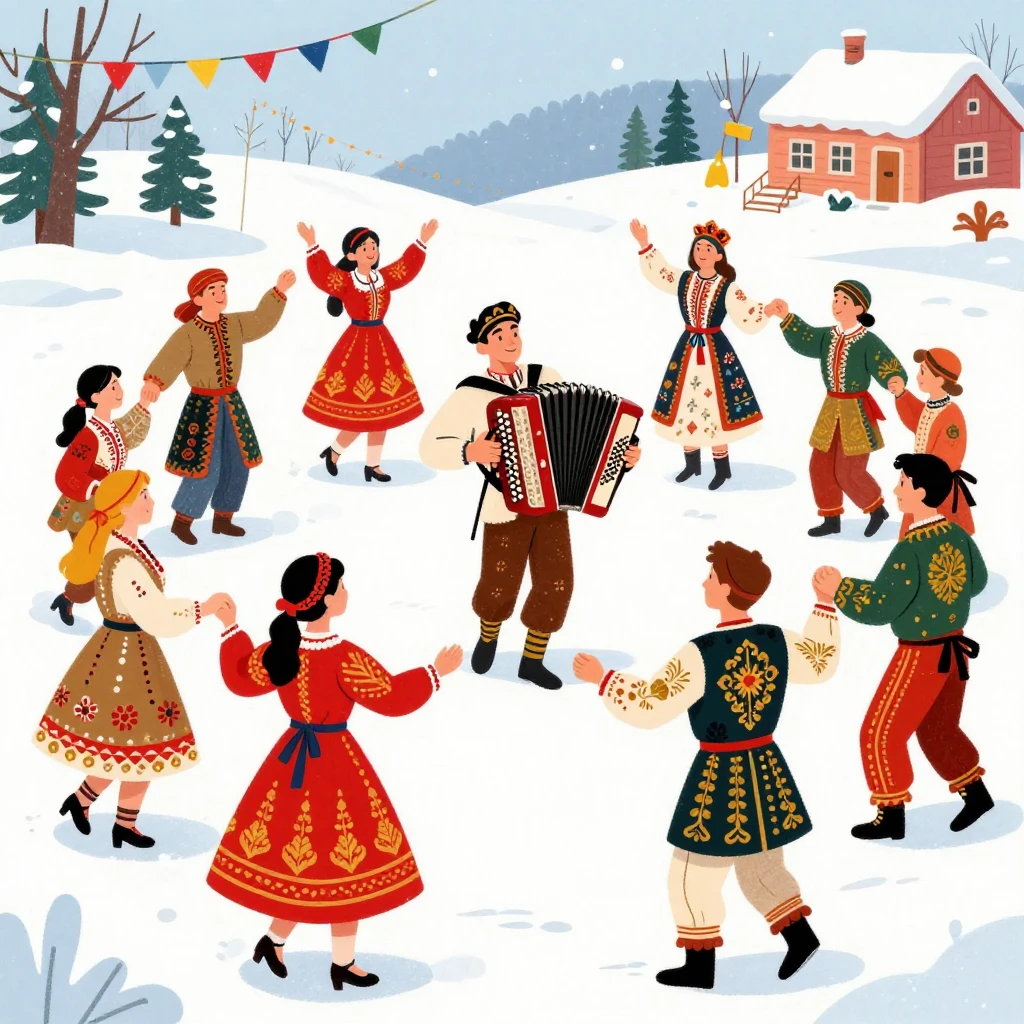Vibrant Russian folk winter celebration art, people in tradi...