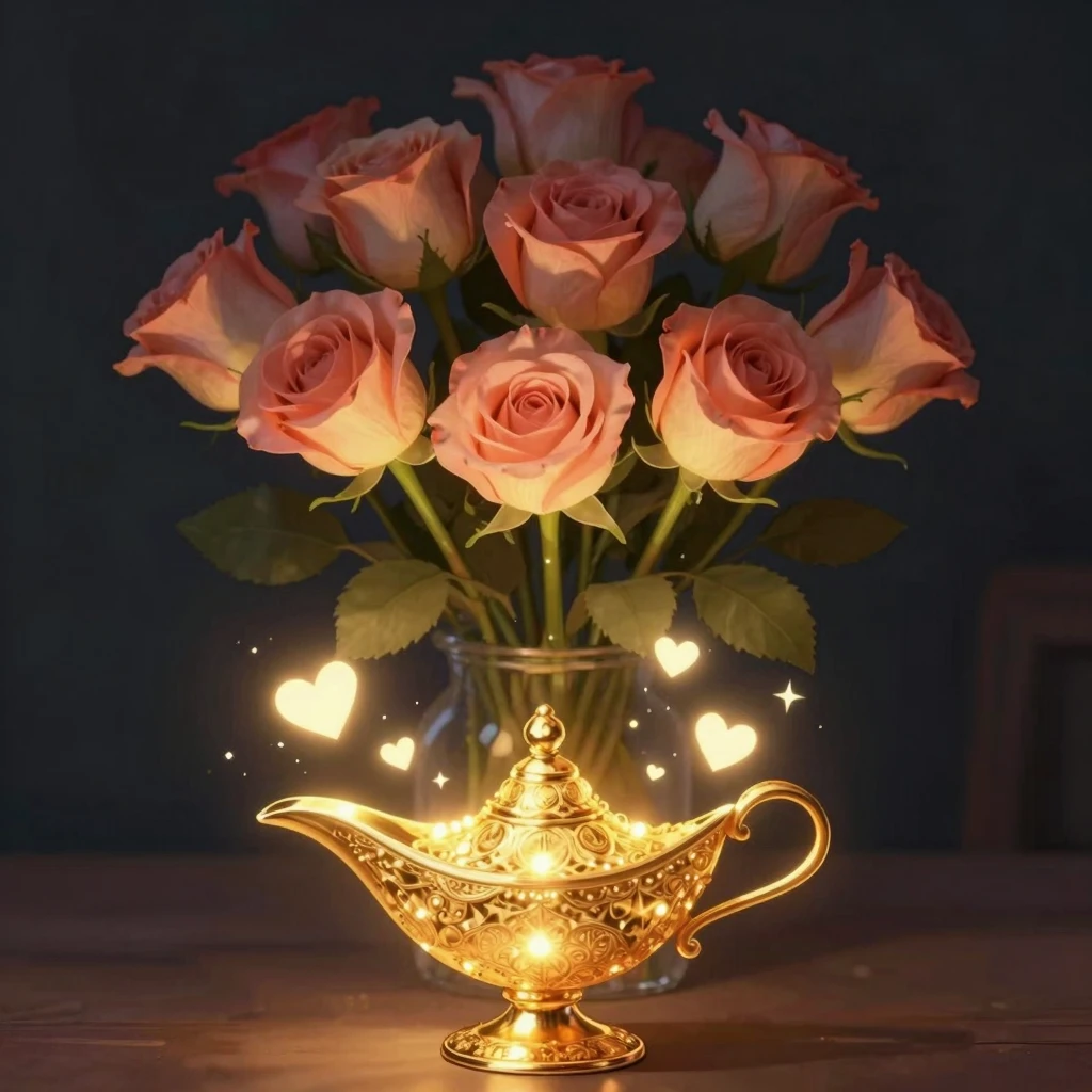 A beautiful bouquet of roses in the background, soft cinemat...