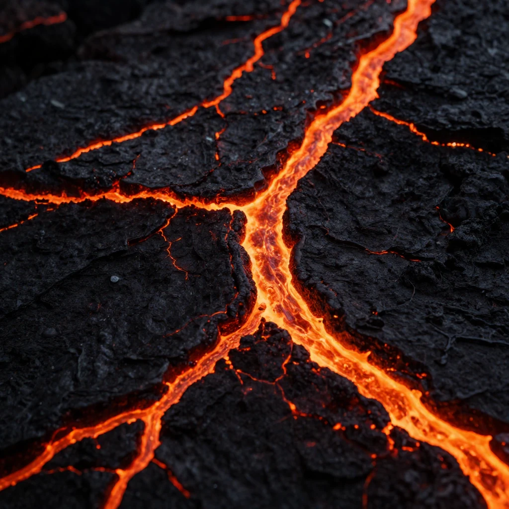 Realistic glowing orange lava veins flowing through dark cra...