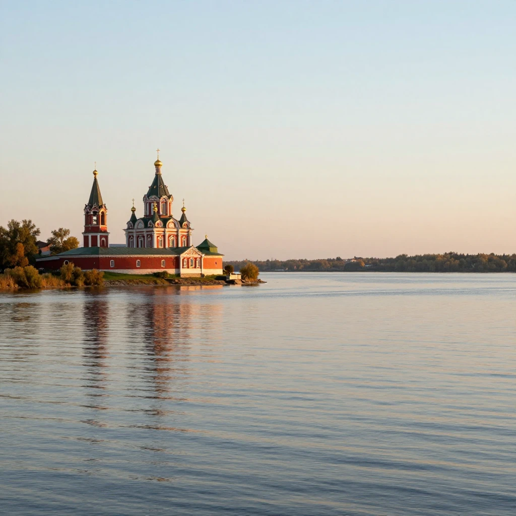 A serene water scene with a red-walled Russian Orthodox chur...
