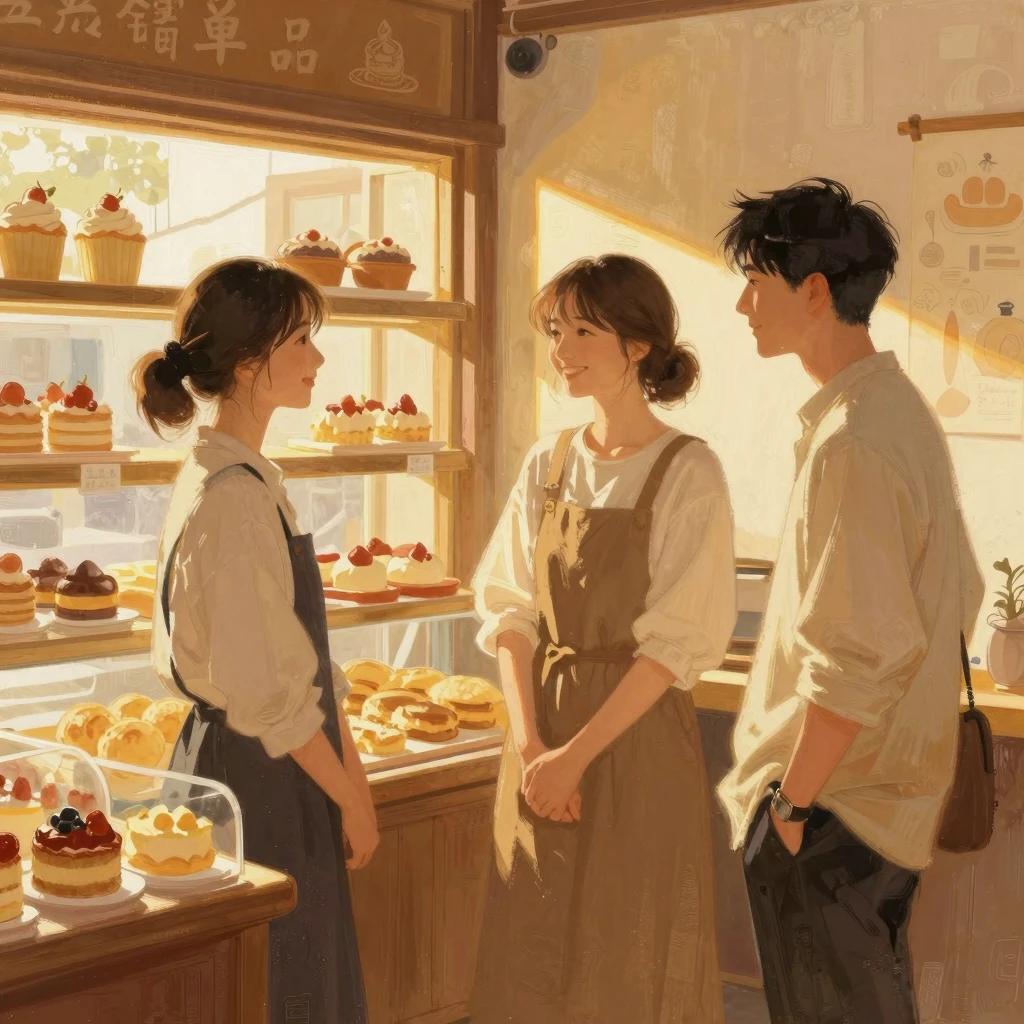 People standing calmly in a traditional bakery, sharing smil...