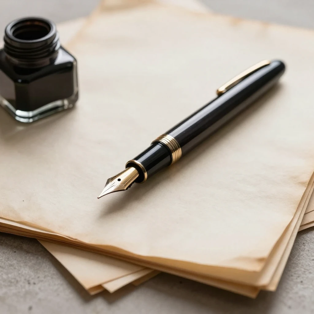 A vintage fountain pen uncapped, resting on a stack of aged ...