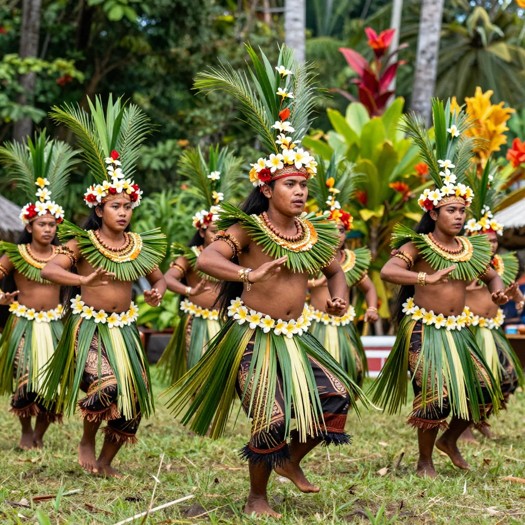 A group of Papuan dancers in traditional festive attire craf...
