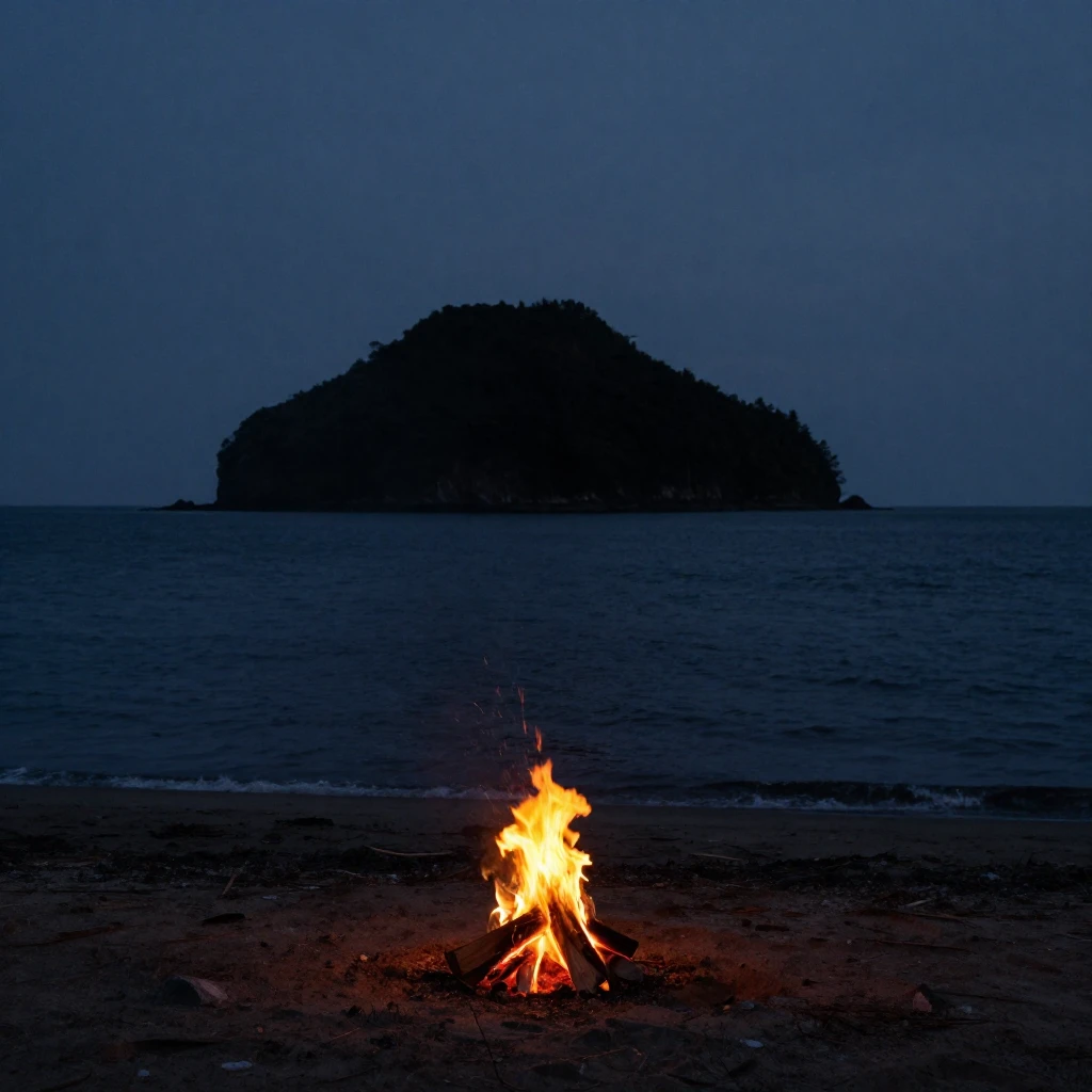 An artistic wide shot of a wild island shore at dusk. A smal...