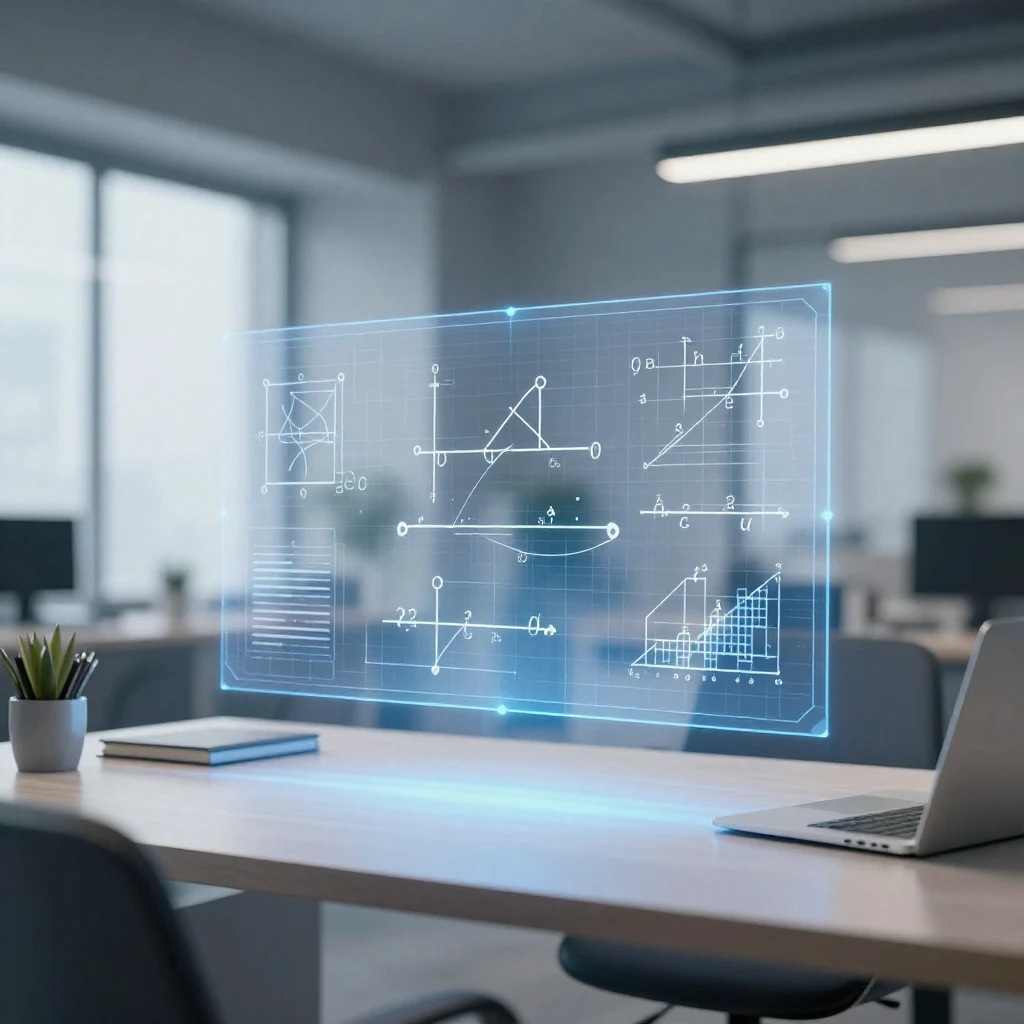 A clean, modern workspace featuring a desk with subtle mathe...