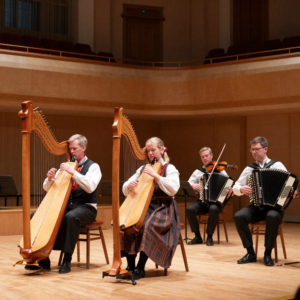 A Swedish folk music group on a concert hall stage, musician...
