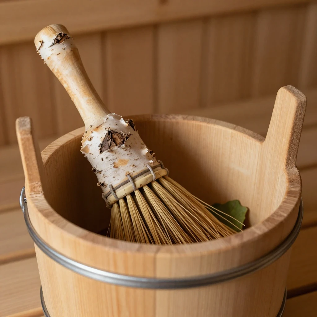 A close-up of a traditional wooden sauna bucket with a birch...
