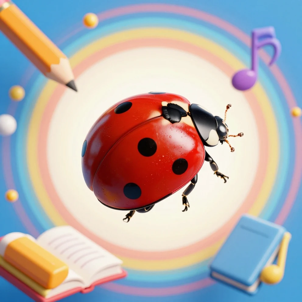 A shiny red ladybug with black spots in a dynamic flying pos...