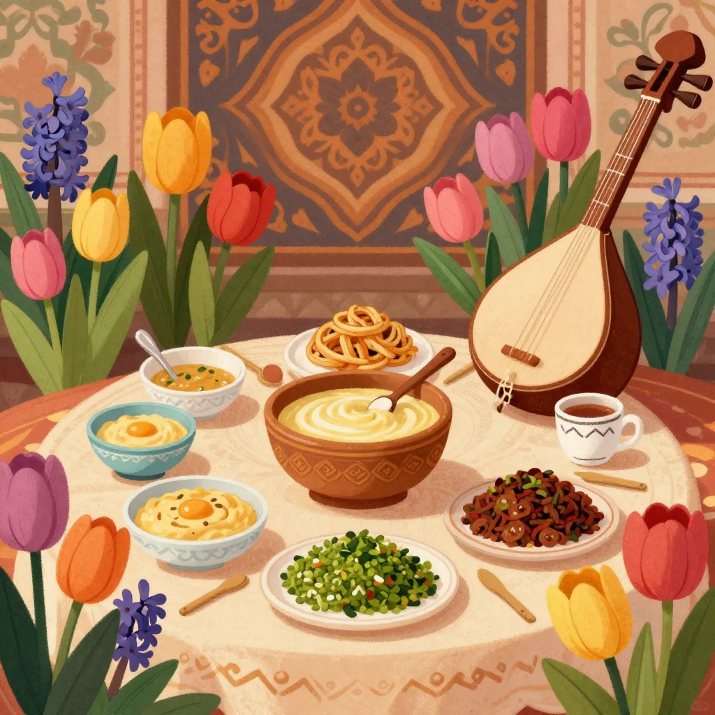 A vibrant artistic illustration depicting a joyous Nowruz ce...