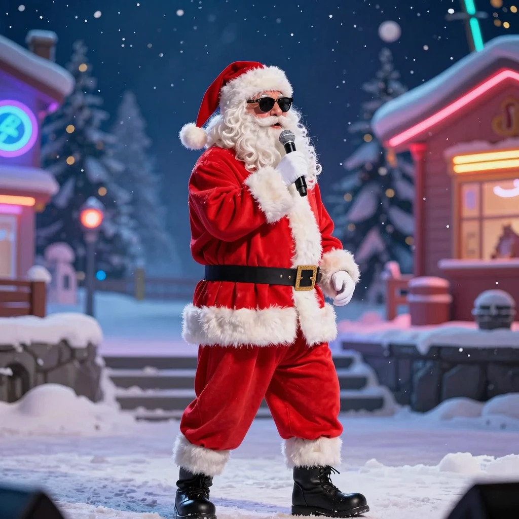 Santa Claus as a performer on a snowy stage, holding a micro...