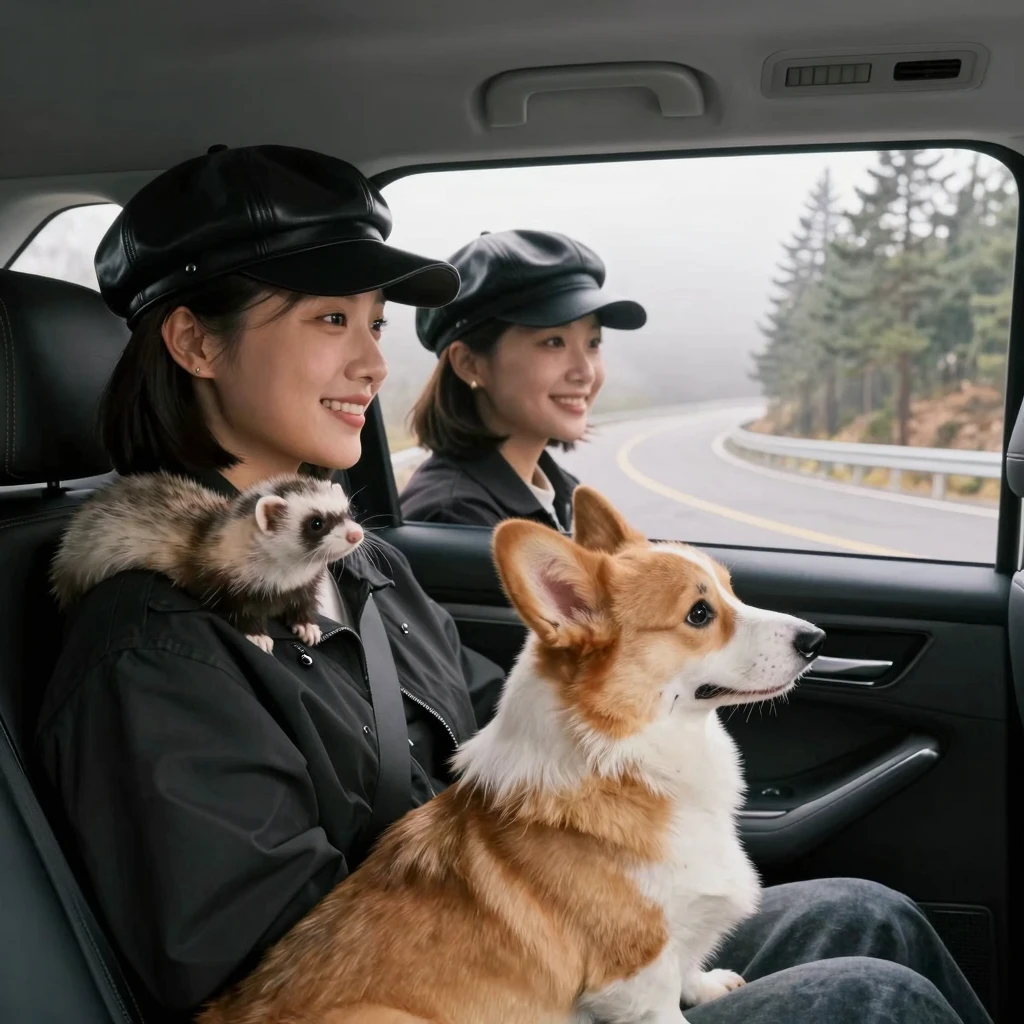 Small corgi dog looking out side window from back seat of mo...