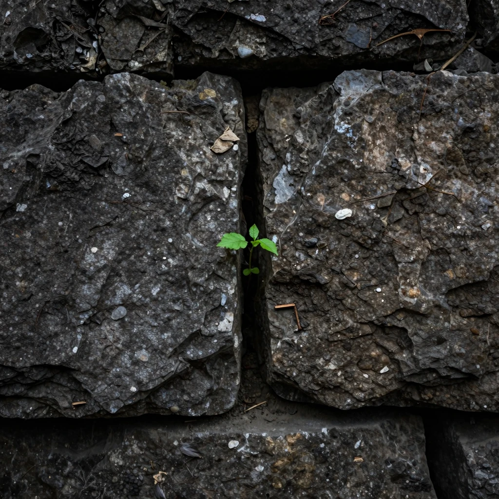 Close-up of a rough stone wall with a single small green spr...