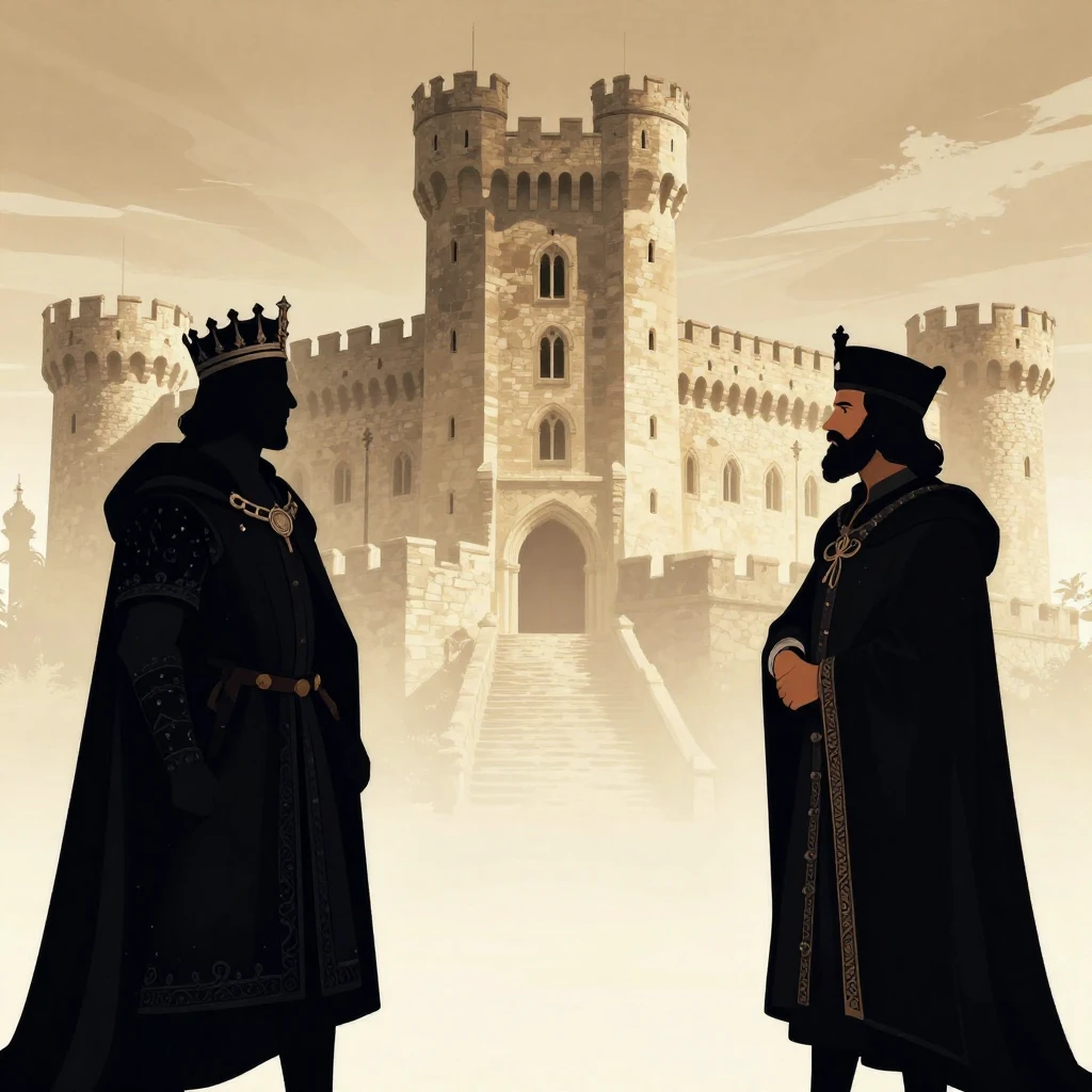 A stylized silhouette of a medieval king and a foreign ambas...