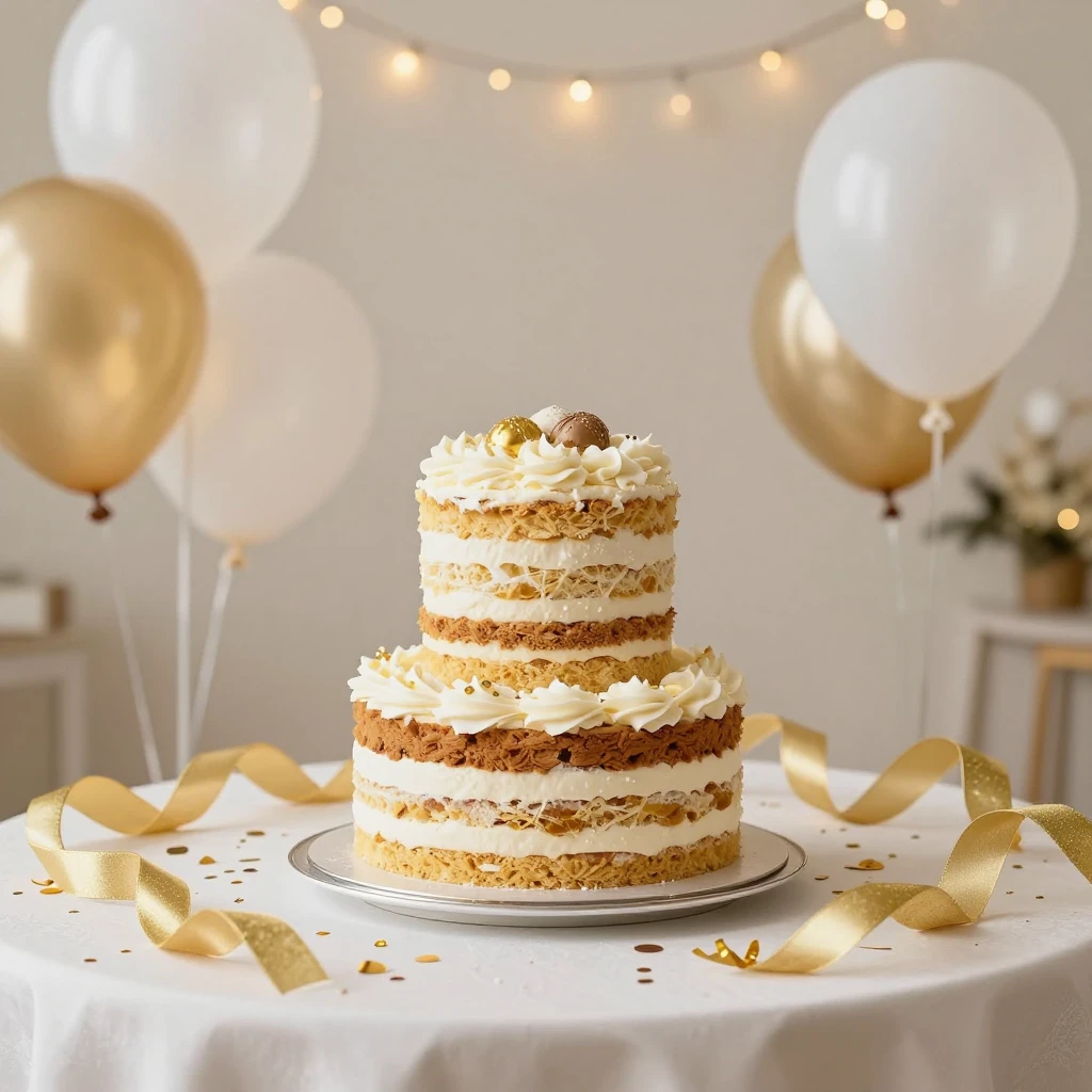 A beautifully decorated festive table with a multi-layered c...