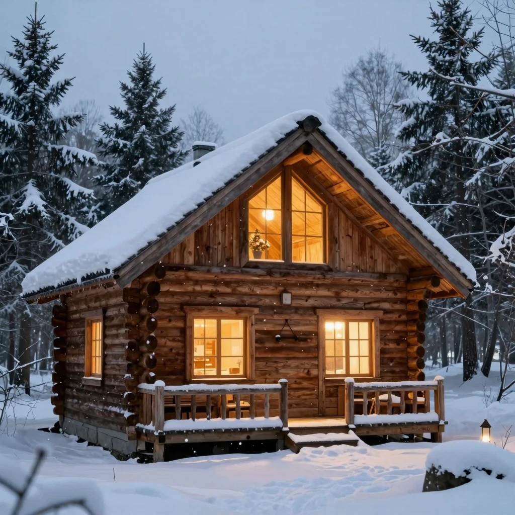 Artistic illustration of a wooden cabin in winter, warm gold...