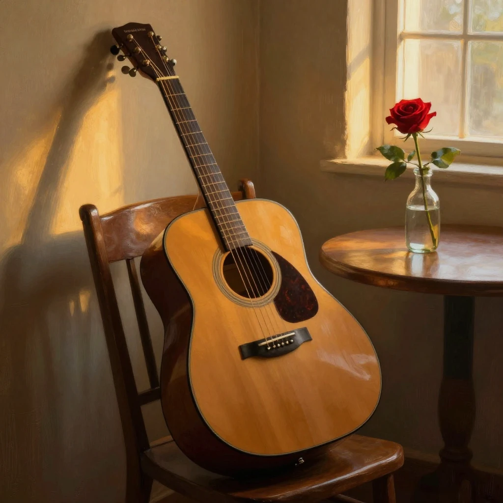 An acoustic guitar resting against a wooden chair in a cozy ...