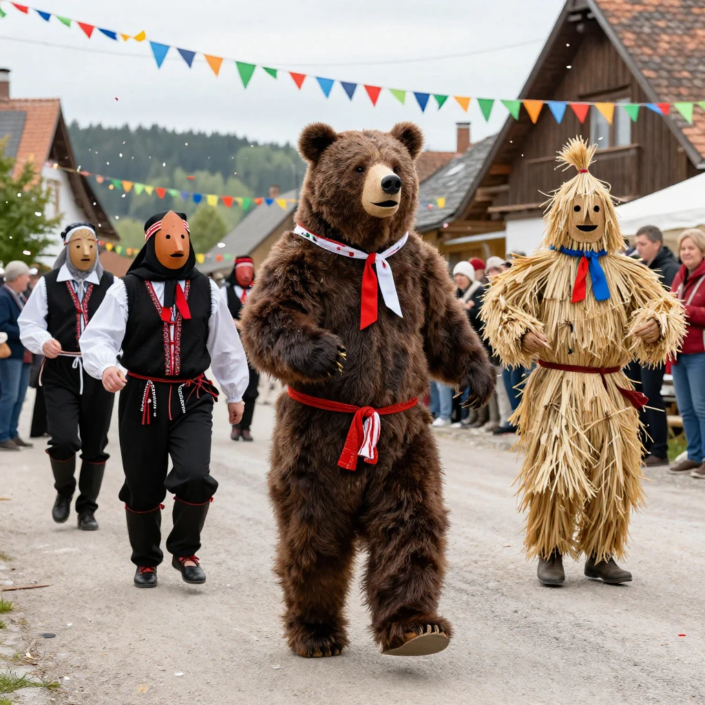 A traditional Masopust celebration scene. People in specific...