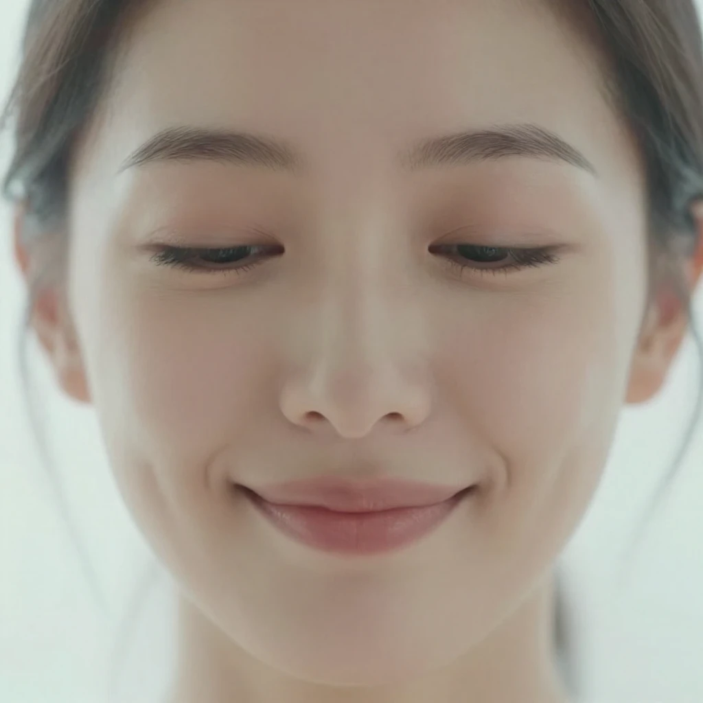 A person's face with a calm, knowing, and slightly smiling e...