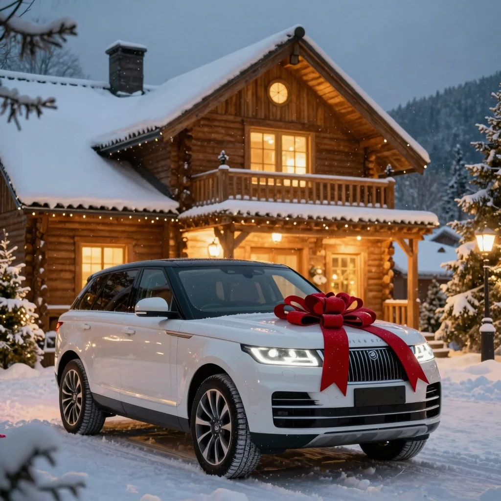Magical Christmas atmosphere, luxury SUV with red bow, snowy...