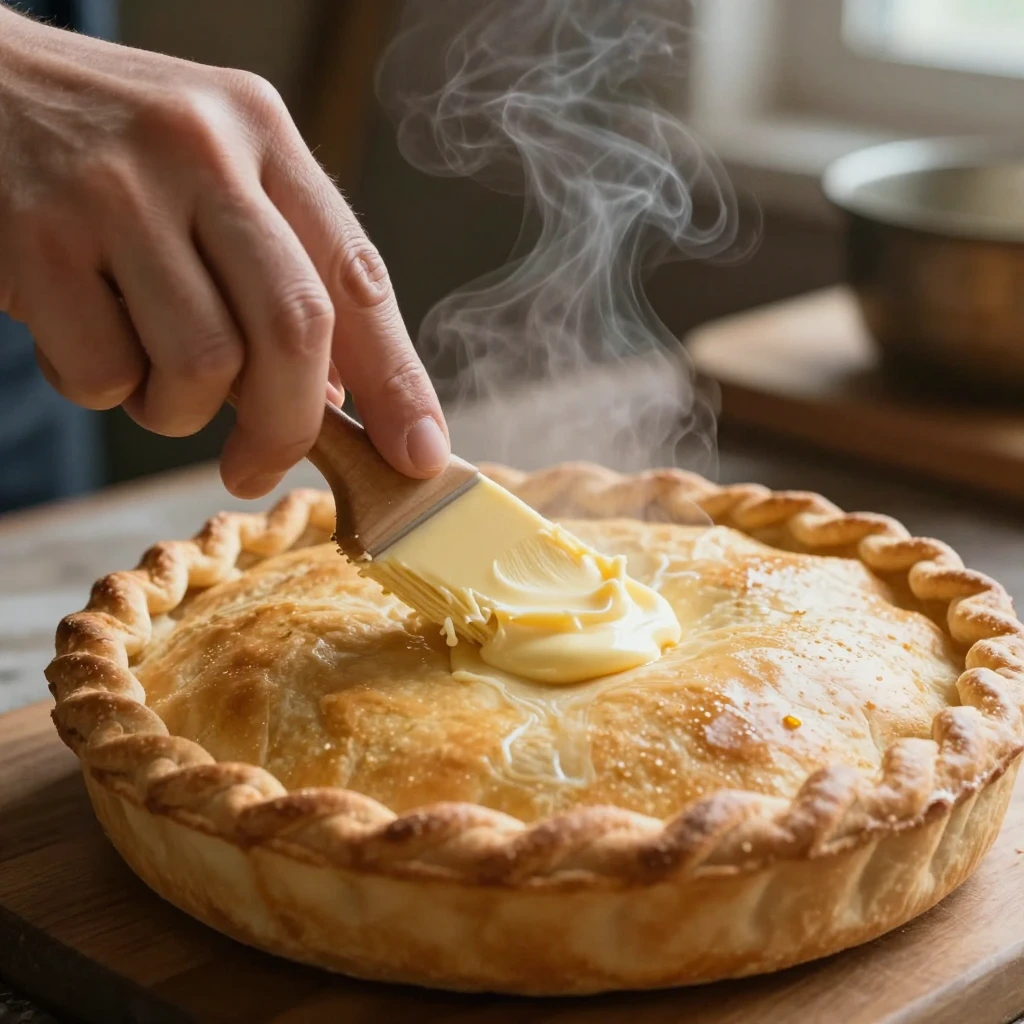A close-up of a hand brushing melted butter onto a fresh, go...