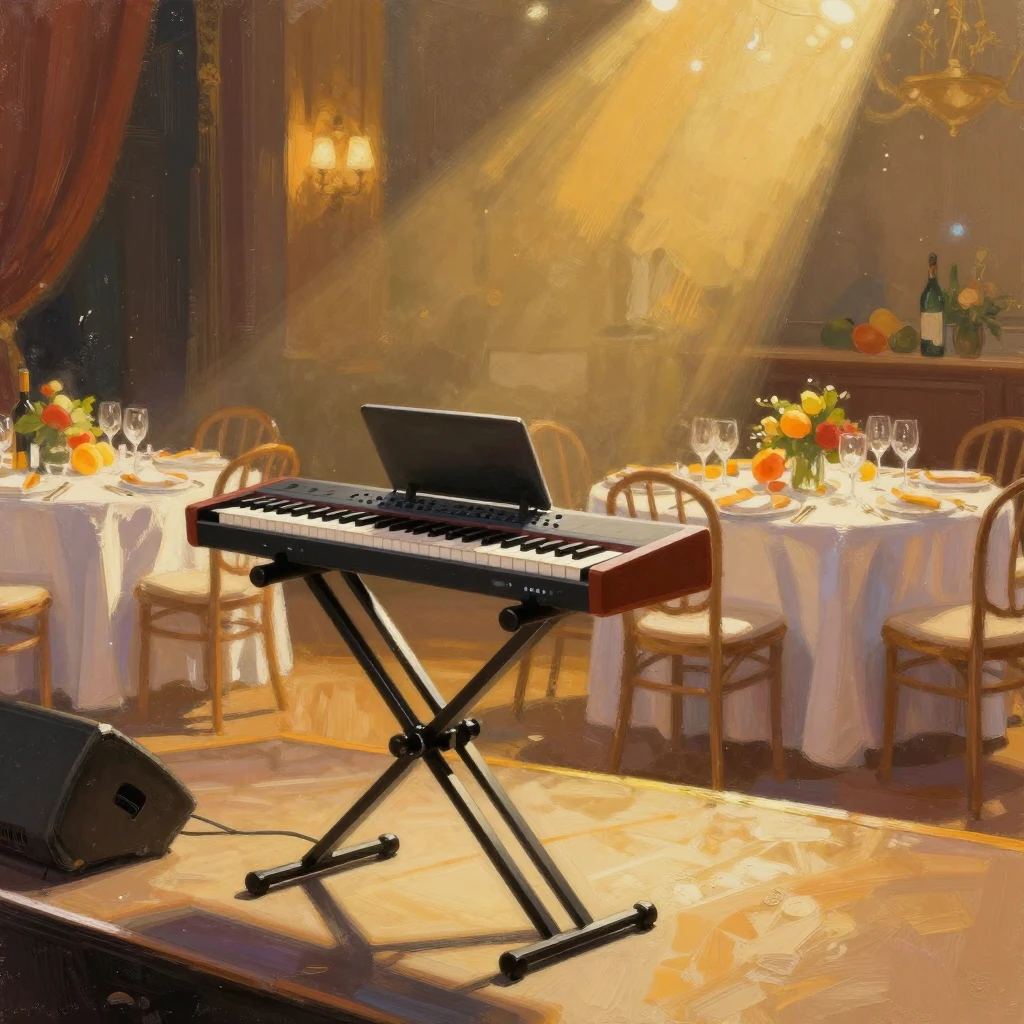 A professional synthesizer on stage in a festive banquet hal...