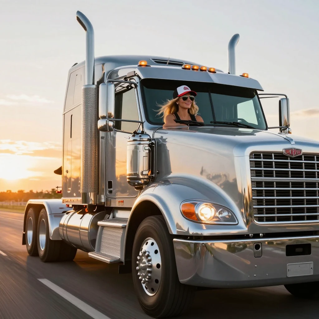 A powerful and stylish woman driving a huge modern chrome he...
