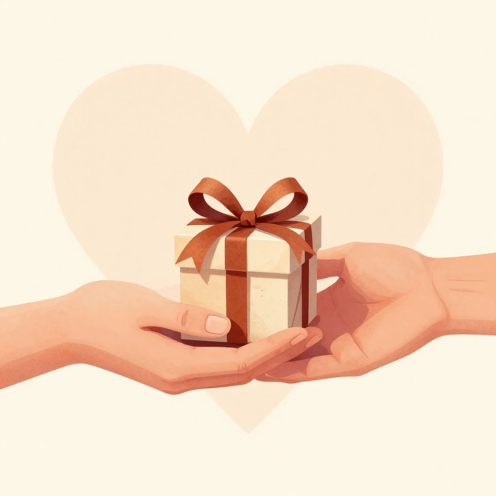 An artistic illustration of two hands exchanging a small, be...