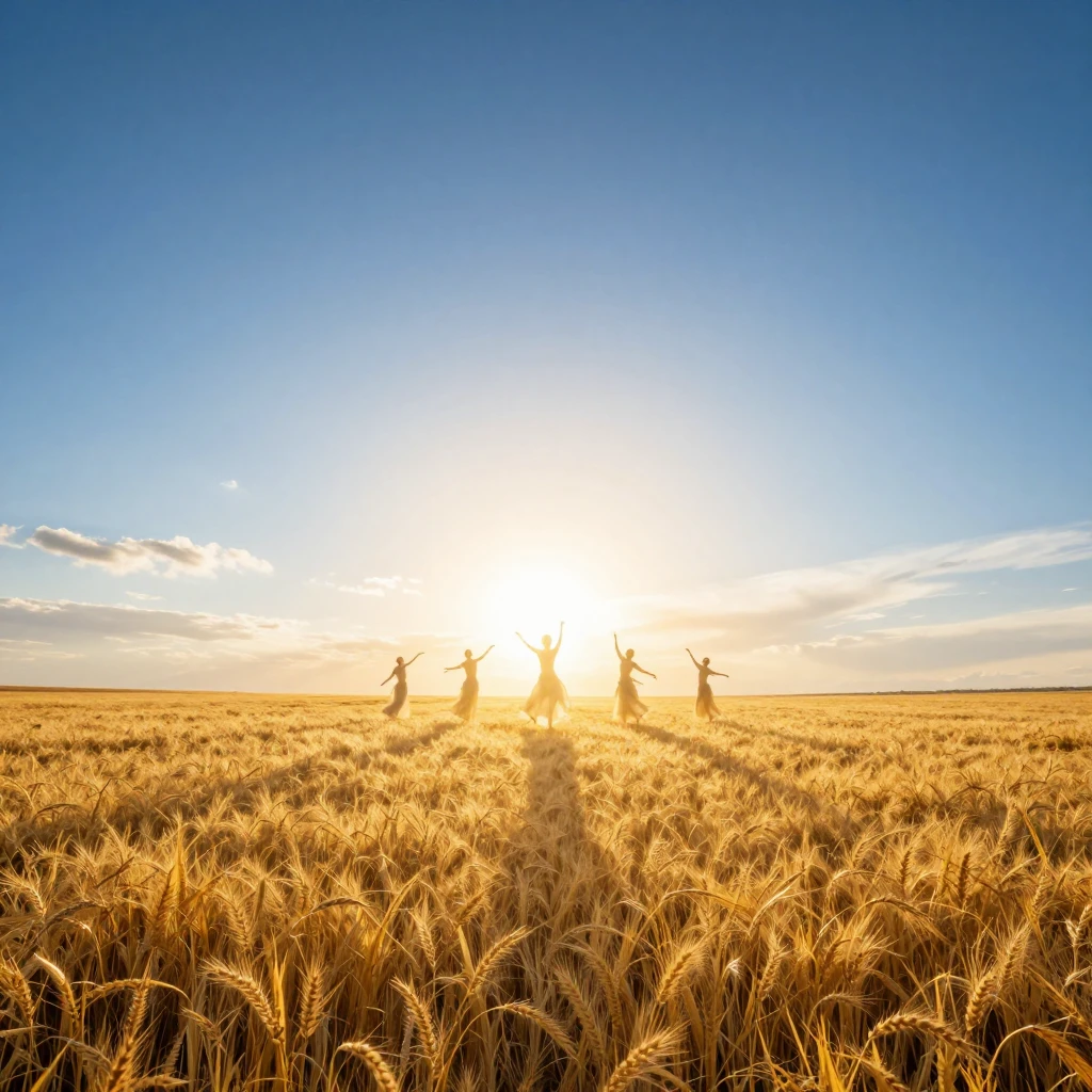 Expansive golden field under blue sky with sunbeams. Etherea...
